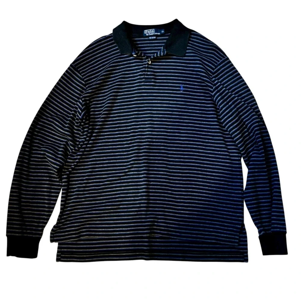Polo Ralph Lauren Blue and Charcoal Long Sleeved Striped Polo size XL Preppy